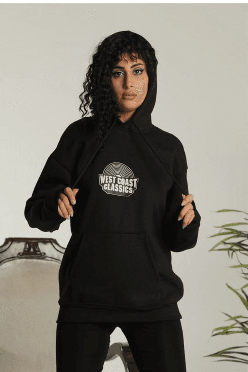Kadın Oversize Kapüşonlu Cepli Baskılı 3 İplik Pamuklu Hoodie Sweatshirt - Siyah
