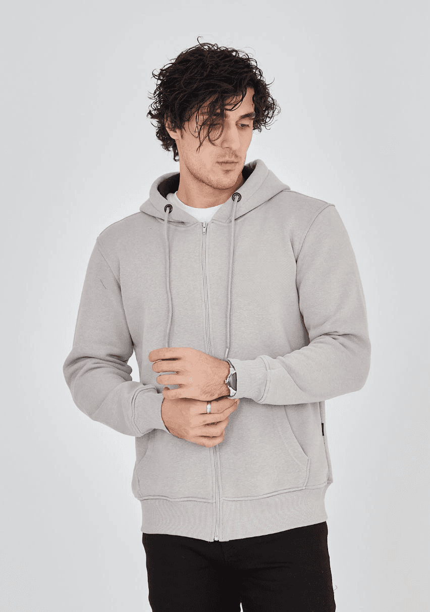 Erkek 3 İplik Pamuklu Kapüşonlu Tam Fermuarlı Cepli Hoodie Sweatshirt - Boyalı Gri — görsel 1 / 6