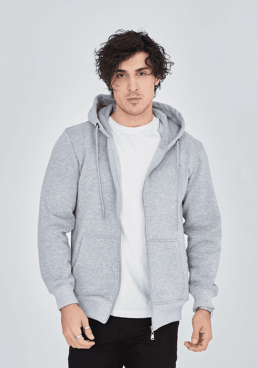 Erkek 3 İplik Pamuklu Kapüşonlu Tam Fermuarlı Cepli Hoodie Sweatshirt - Gri