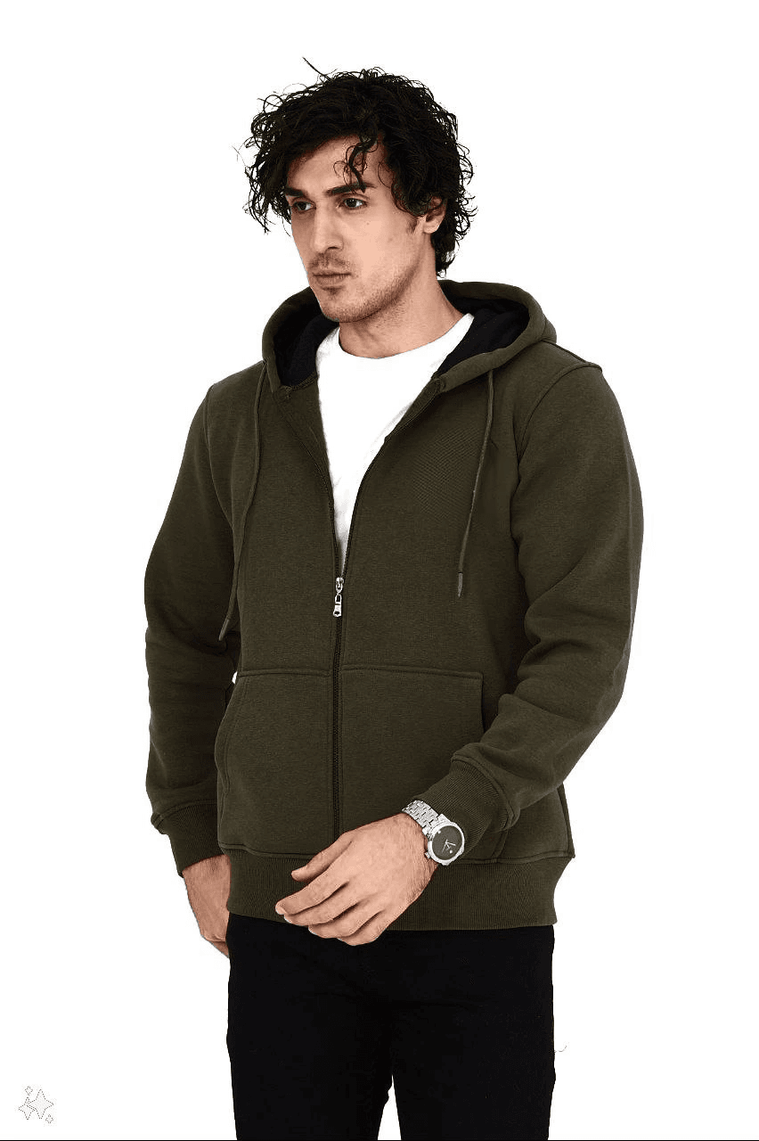 Erkek 3 İplik Pamuklu Kapüşonlu Tam Fermuarlı Cepli Hoodie Sweatshirt - Haki — görsel 1 / 3