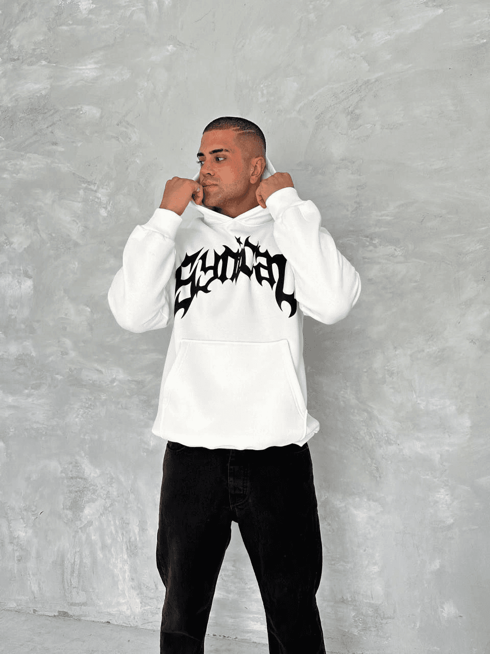 Erkek 3 İplik Pamuklu Kapüşonlu Baskılı Cepli Oversize Sweatshirt Hoodie - Beyaz — görsel 1 / 3