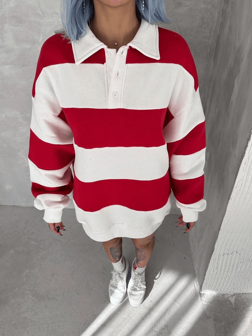 Kadın 3 İplik Pamuklu Parçalı Yakalı SweatShirt - Kırmızı — görsel 1 / 5