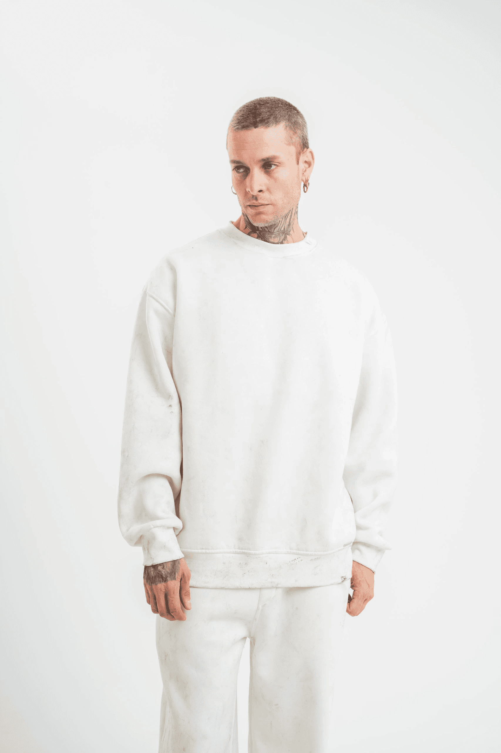 ERKEK 3 İplik Pamuklu Bisiklet Yaka Yıkamalı SweatShirt - Beyaz