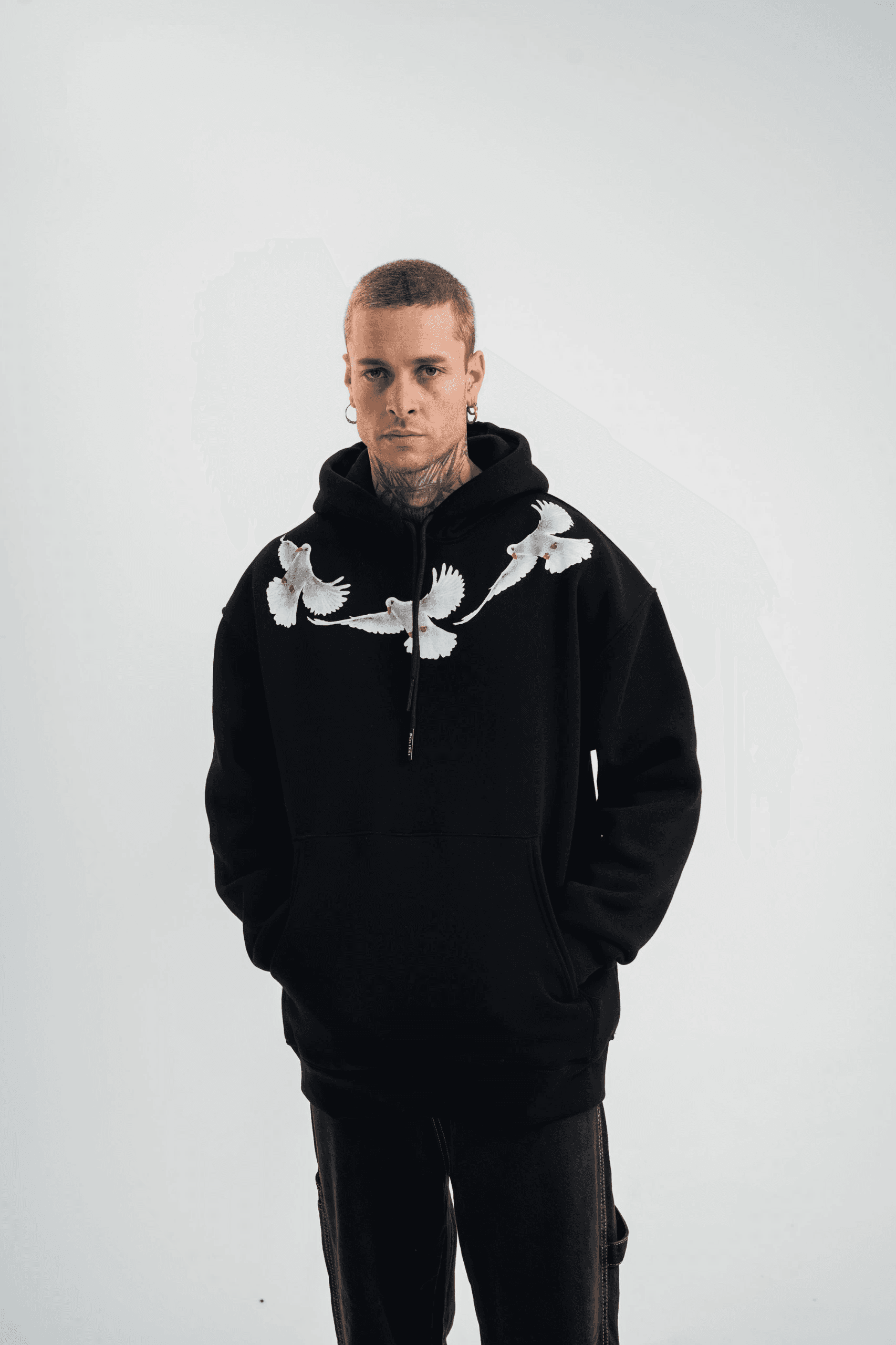 Erkek 3 İplik Pamuklu Kapüşonlu Baskılı Cepli Oversize Sweatshirt Hoodie - Siyah — görsel 1 / 8