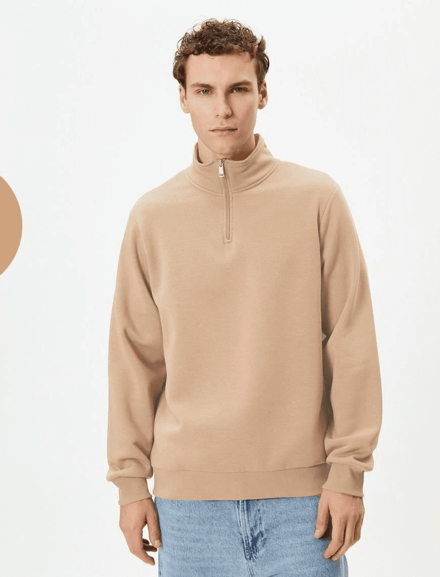 Erkek 3 iplik Pamuklu Uzun Kol Yarım Farmuarlı Yakalı SweatShirt - Bej — görsel 1 / 3