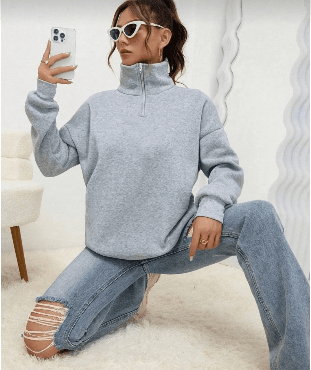 Kadın 3 iplik Pamuklu Uzun Kol Yarım Farmuarlı Yakalı SweatShirt - Gri
