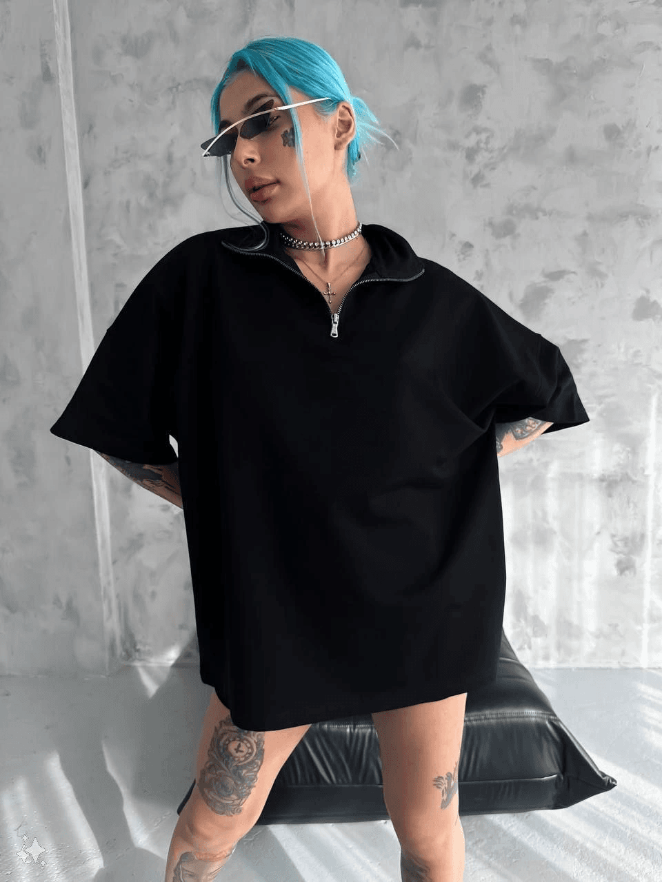 Kadın Yarım Fermuarlı Tişört Kısa kol T-Shirt - Siyah