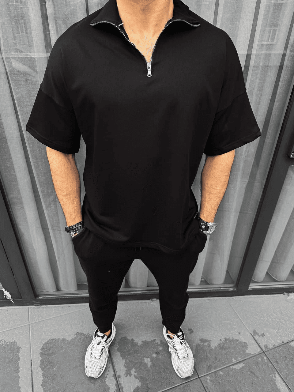 Erkek Yarım Fermuarlı Kısa kol T-Shirt - Siyah — görsel 1 / 4