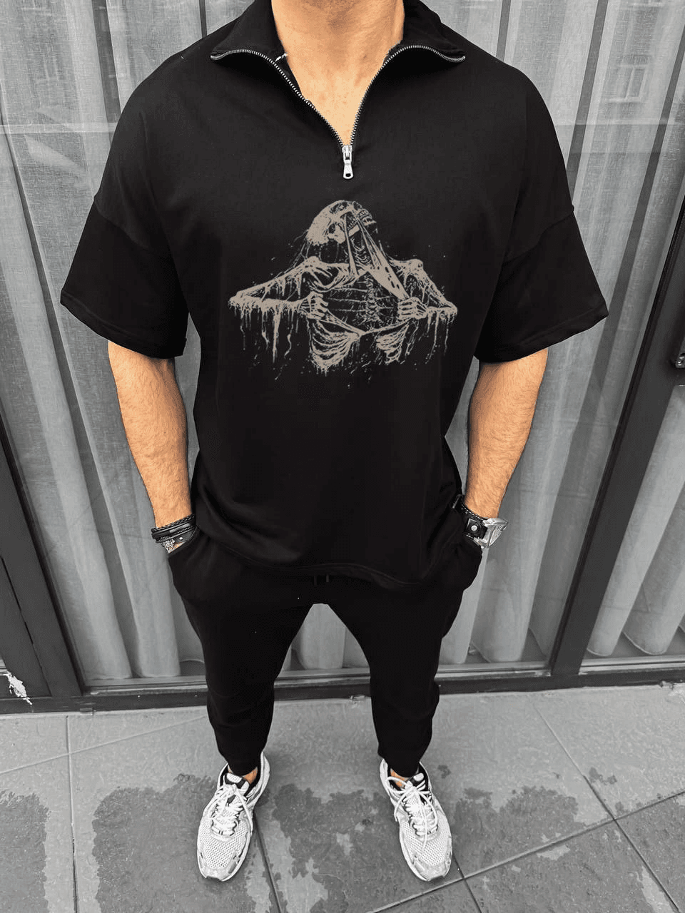 Erkek Yarım Fermuarlı Baskılı Oversize T-Shirt - Siyah — görsel 1 / 2