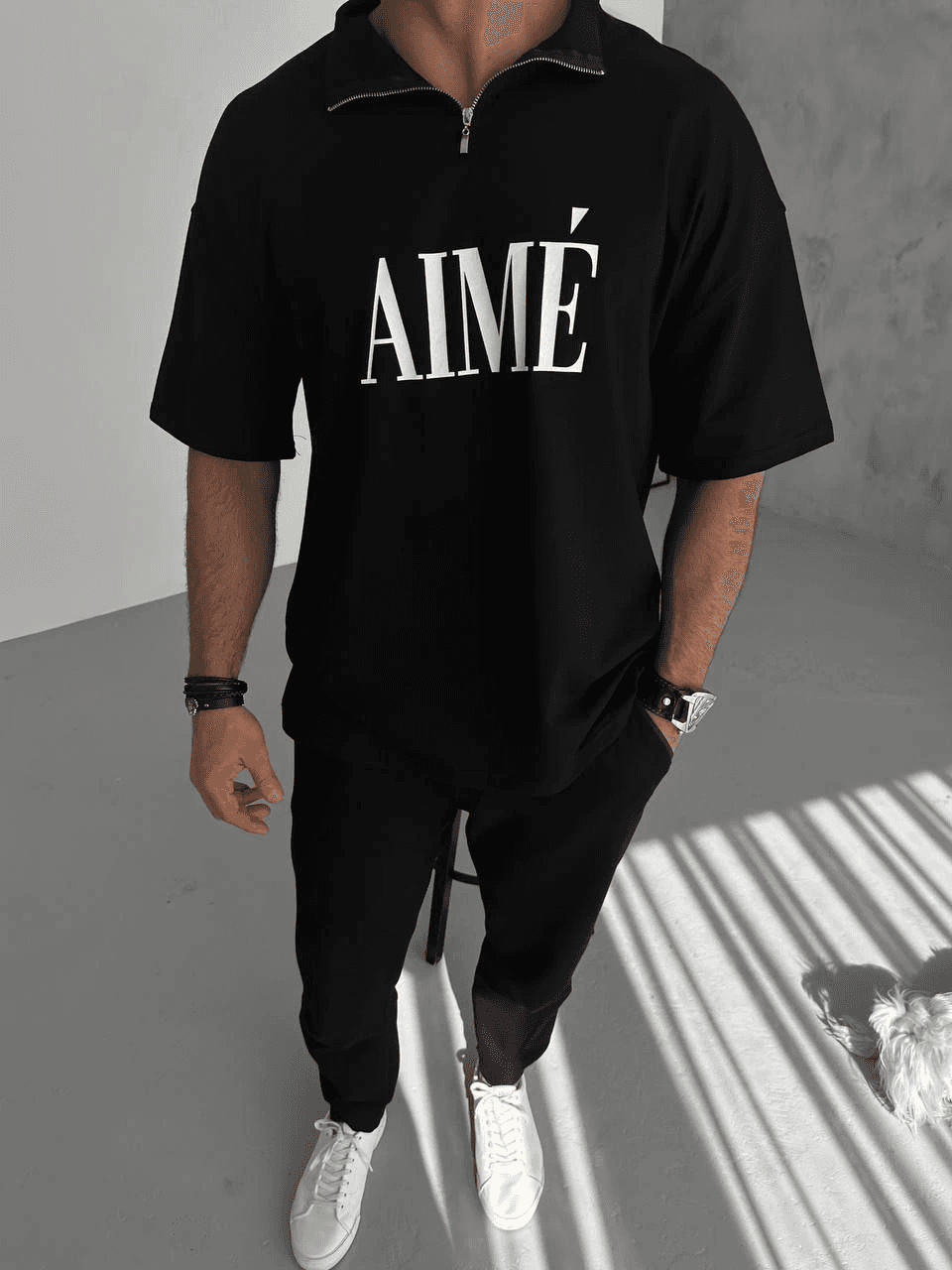 ERKEK Tişört Yakalı Yarım Fermuarlı Kısa Kol Baskılı T-Shirt - Siyah — görsel 1 / 4