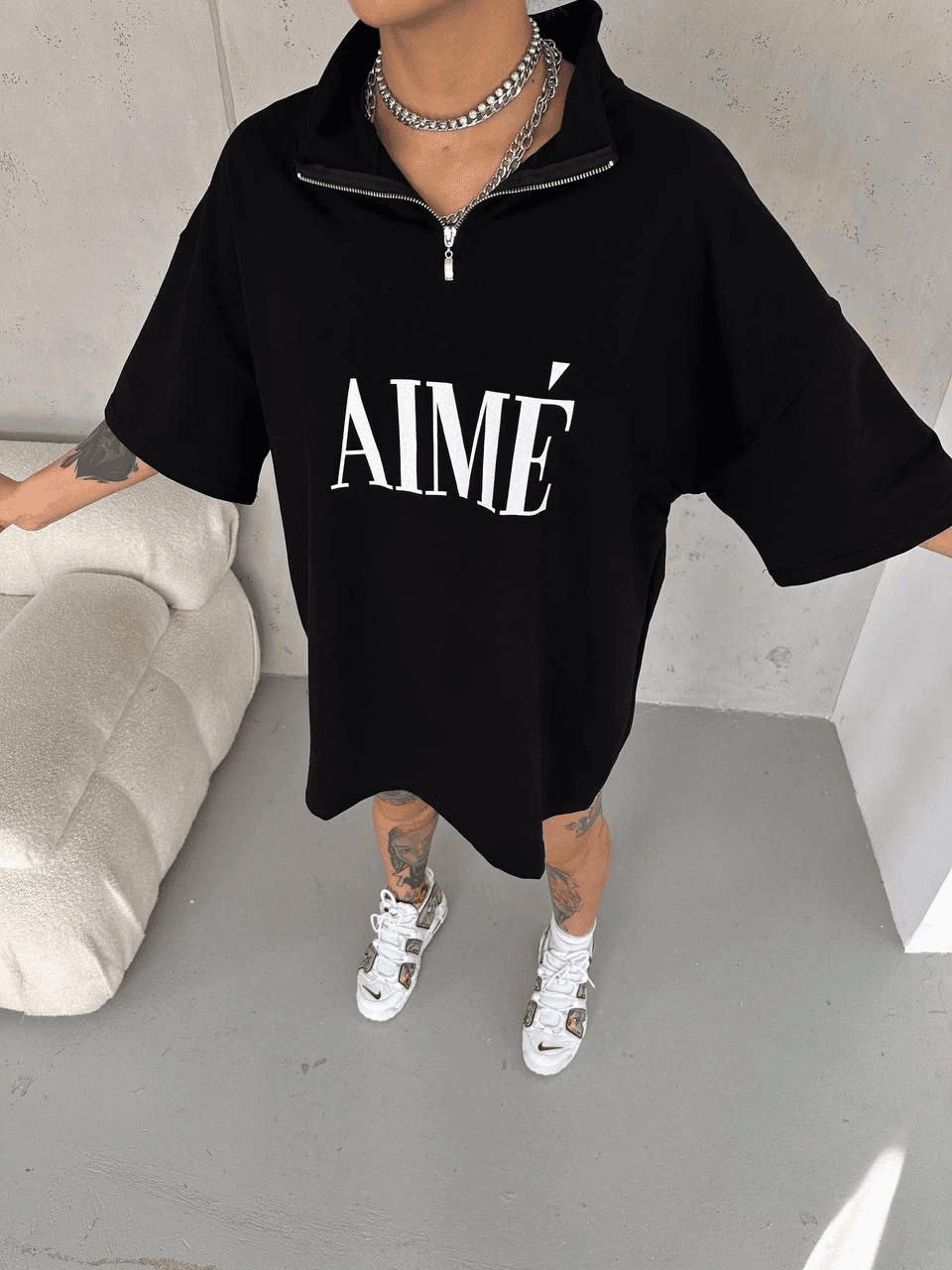 Kadın Yarım Fermuarlı Tişört Baskılı T-Shirt - Siyah — görsel 1 / 3