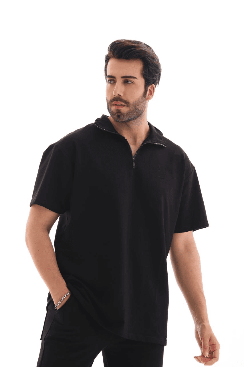Erkek Yarım Fermuarlı Düz Oversize T-shirt - Siyah — görsel 1 / 8