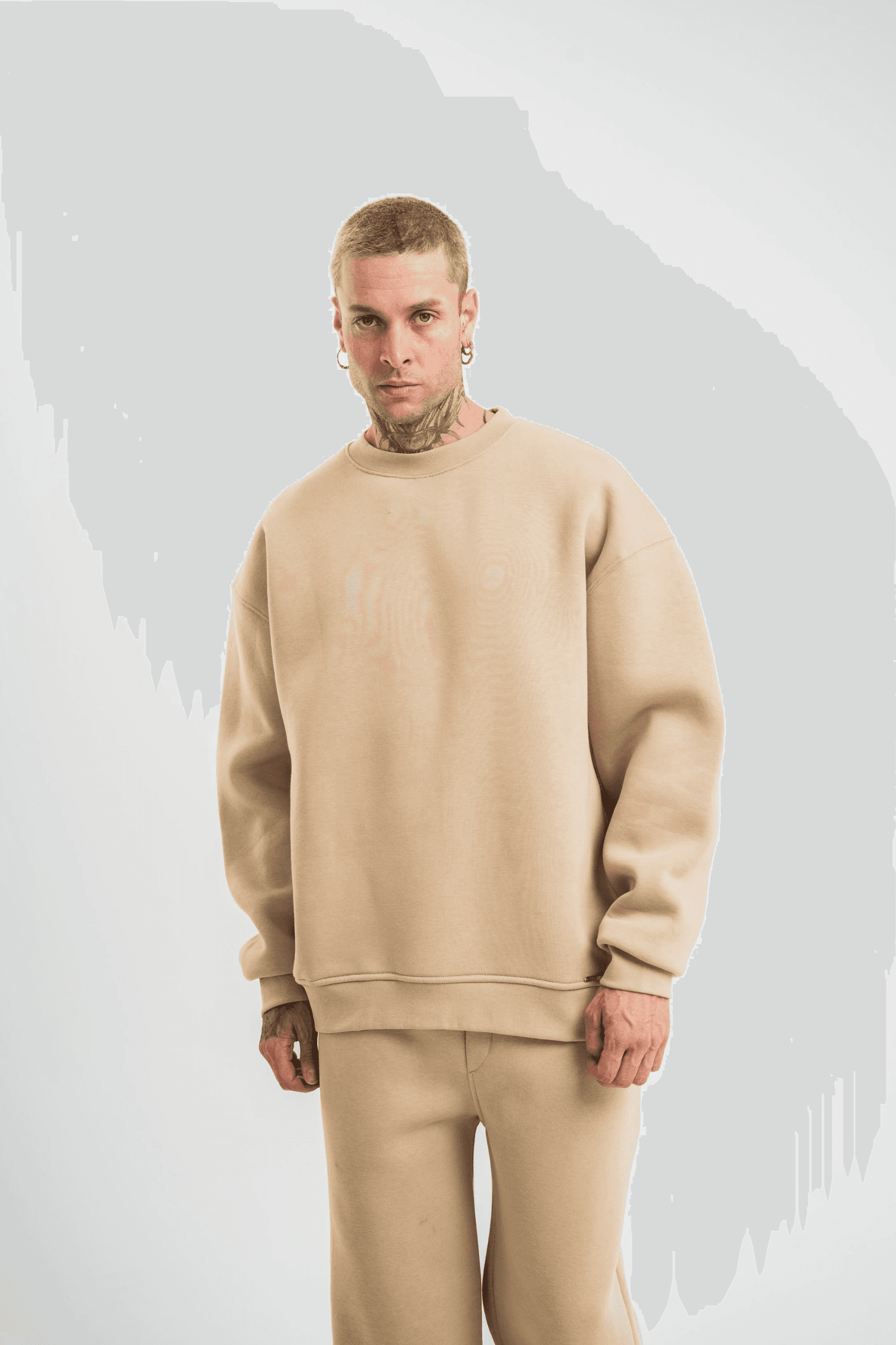 Erkek Uzun Kol Bisiklet Yaka 3 iplik Pamuklu Kışlık SweatShirt - Bej — görsel 1 / 7