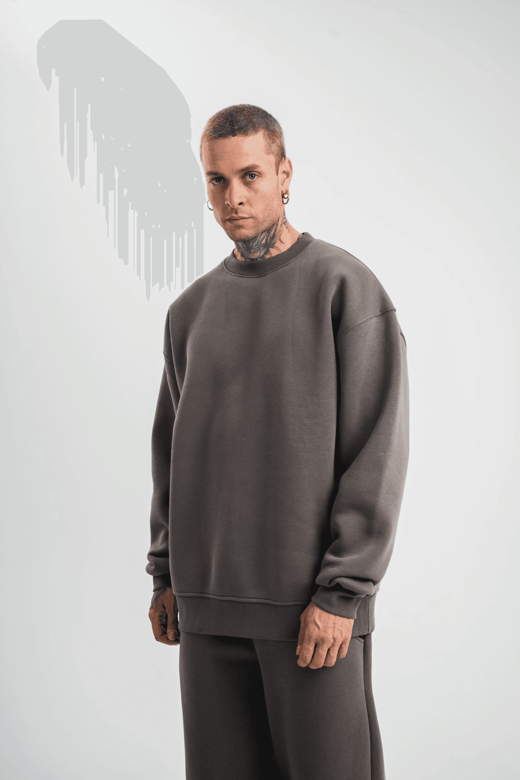 Erkek Uzun Kol Bisiklet Yaka 3 iplik Pamuklu Kışlık SweatShirt - Füme