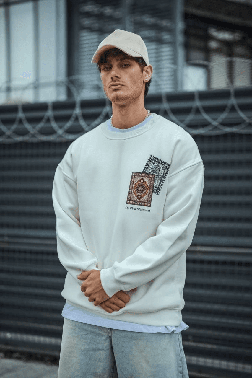 Erkek 3 iplik pamuklu Bisiklet Yaka Baskılı SweatShirt - Beyaz