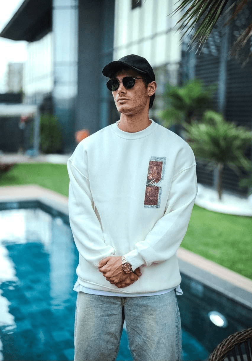 Erkek 3 iplik pamuklu Bisiklet Yaka Ön ve Arka Baskılı SweatShirt - Beyaz — görsel 1 / 2
