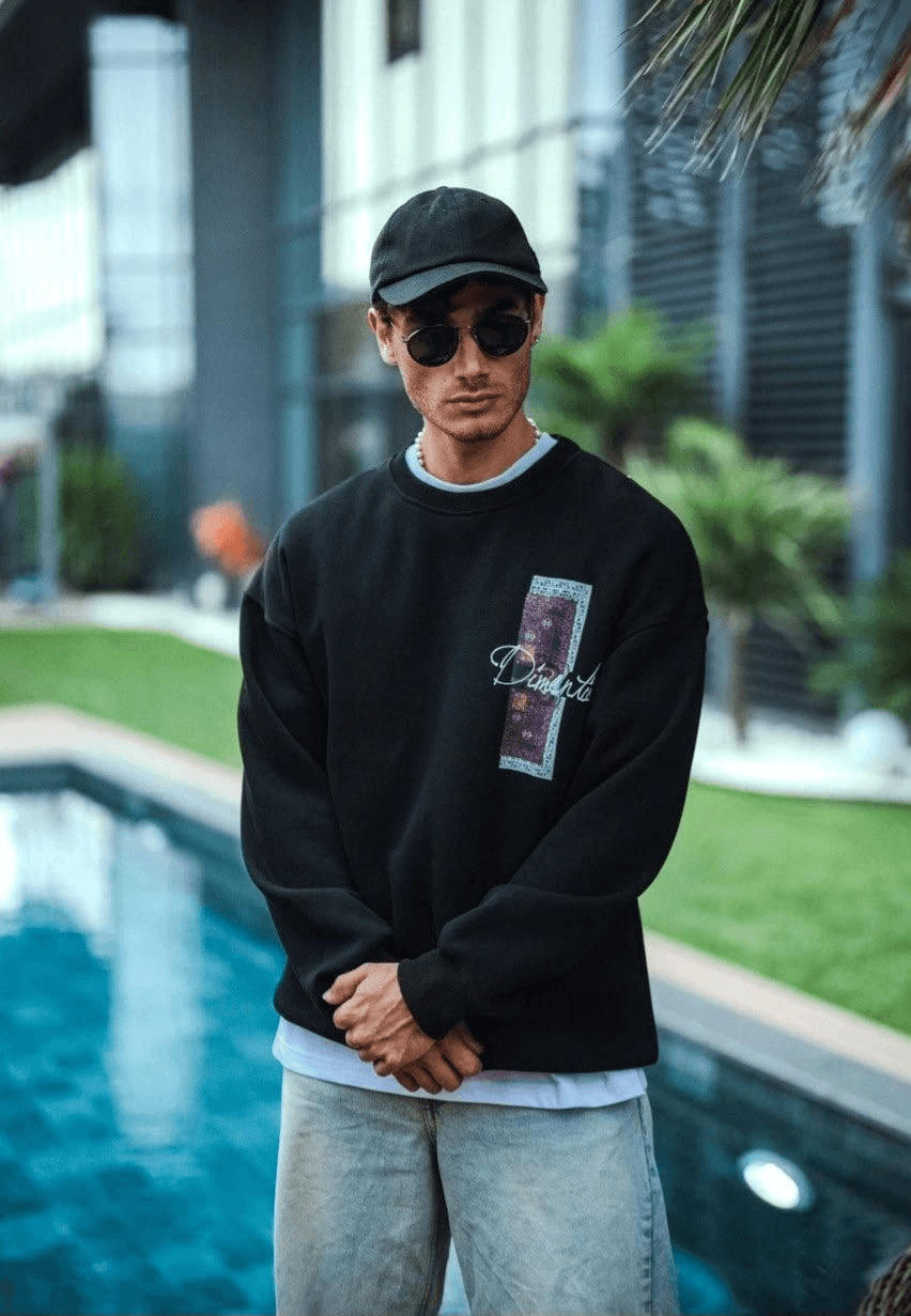 Erkek 3 iplik pamuklu Bisiklet Yaka Ön ve Arka Baskılı SweatShirt - Siyah — görsel 1 / 3