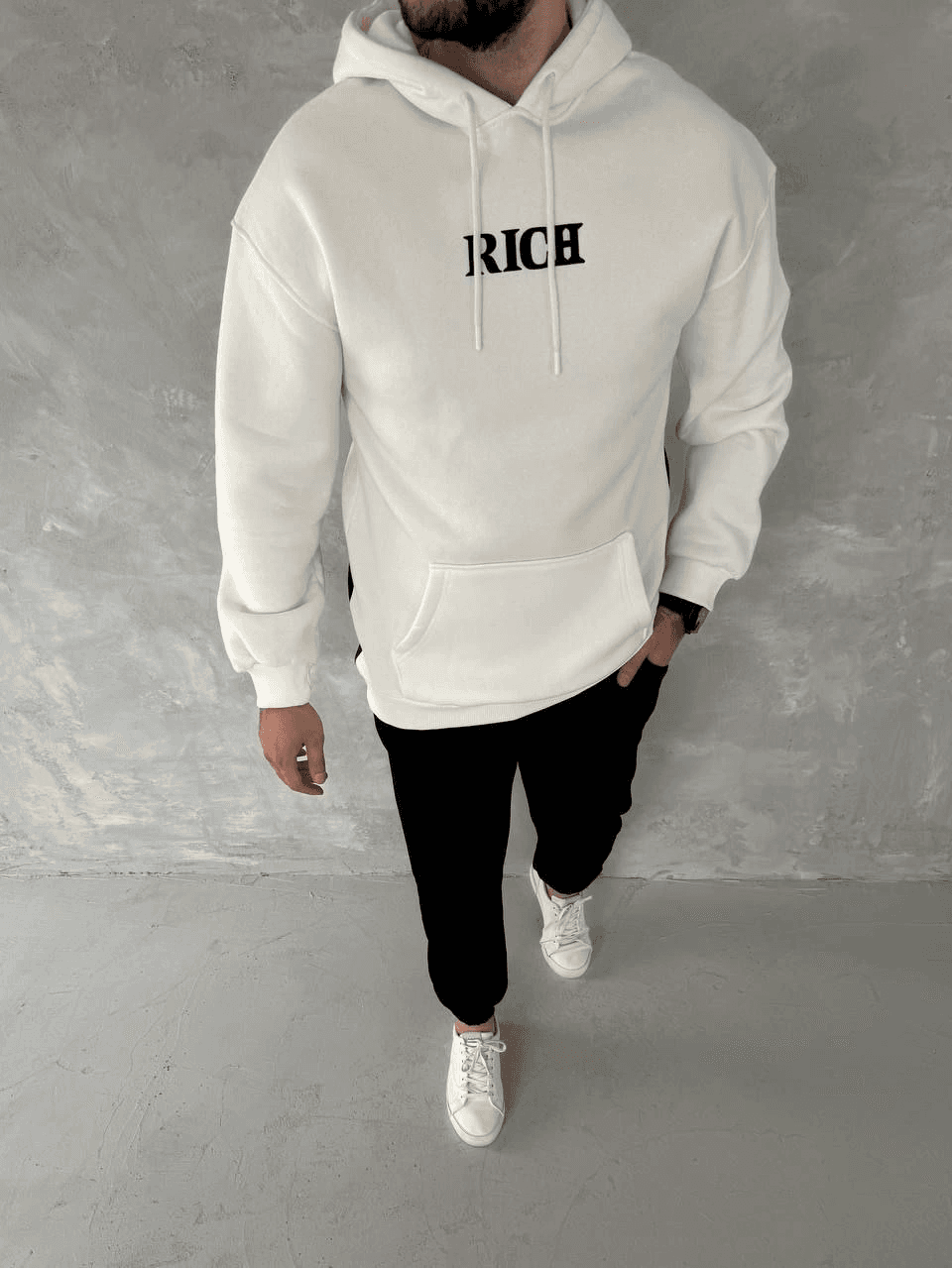 Erkek Kapüşonlu Kanguru Cepli Sweatshirt 3 İplik Pamuklu Baskılı Hoodie - Beyaz — görsel 1 / 2