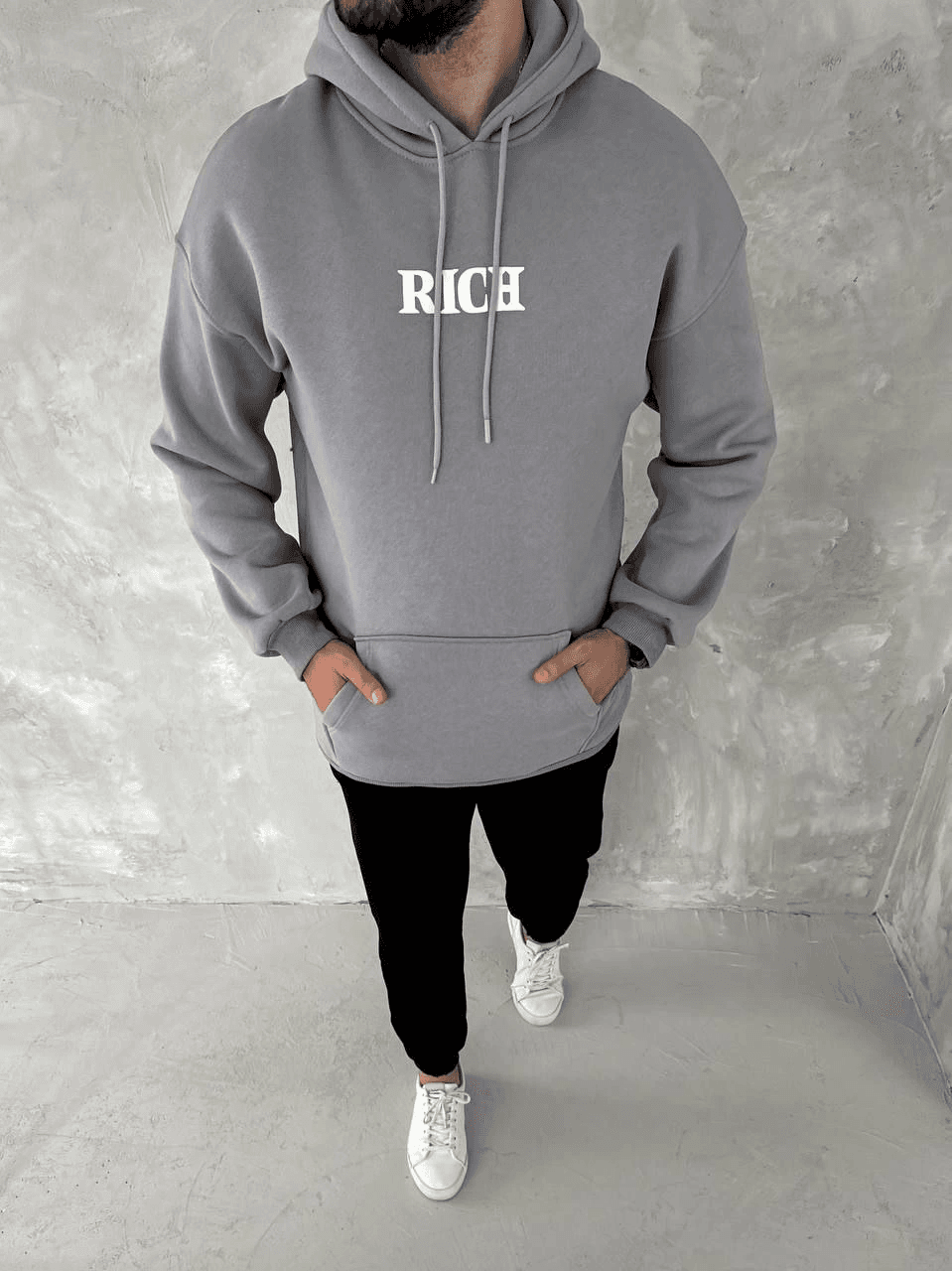 Erkek 3 İplik Pamuklu Kapüşonlu Kanguru Cepli Baskılı Oversize Hoodie Sweatshirt - Gri