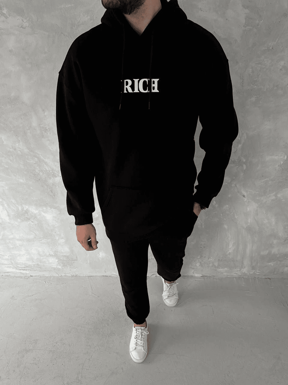 Erkek Kapüşonlu Kanguru Cepli Sweatshirt 3 İplik Pamuklu Baskılı Hoodie - Siyah