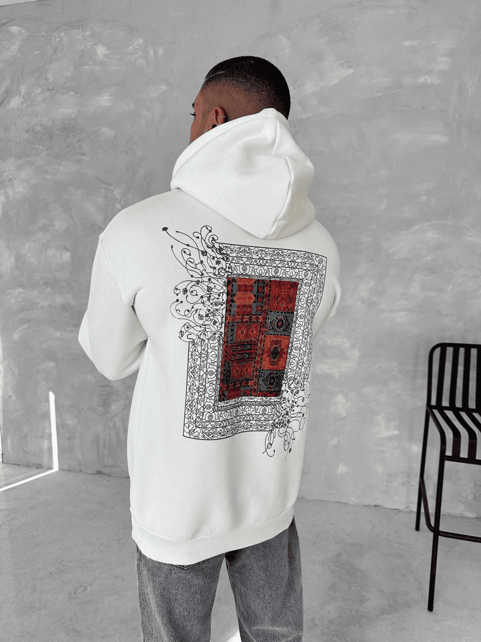 Erkek Kapüşonlu Kanguru Cepli Sweatshirt 3 İplik Pamuklu Baskılı Hoodie - Beyaz