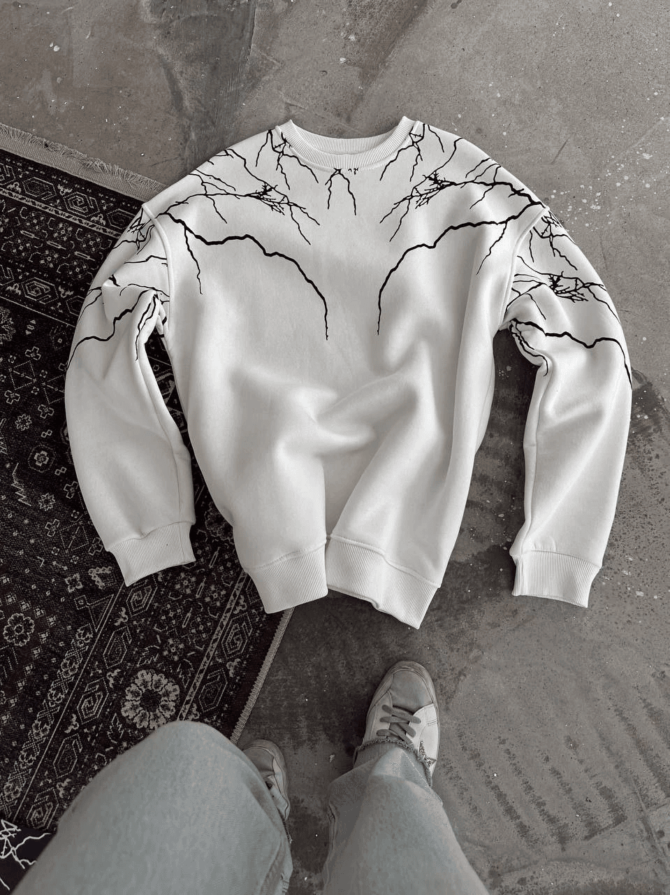 Kadın 3 iplik pamuklu Yıldırım Baskılı Bisiklet Yaka SweatShirt - Beyaz