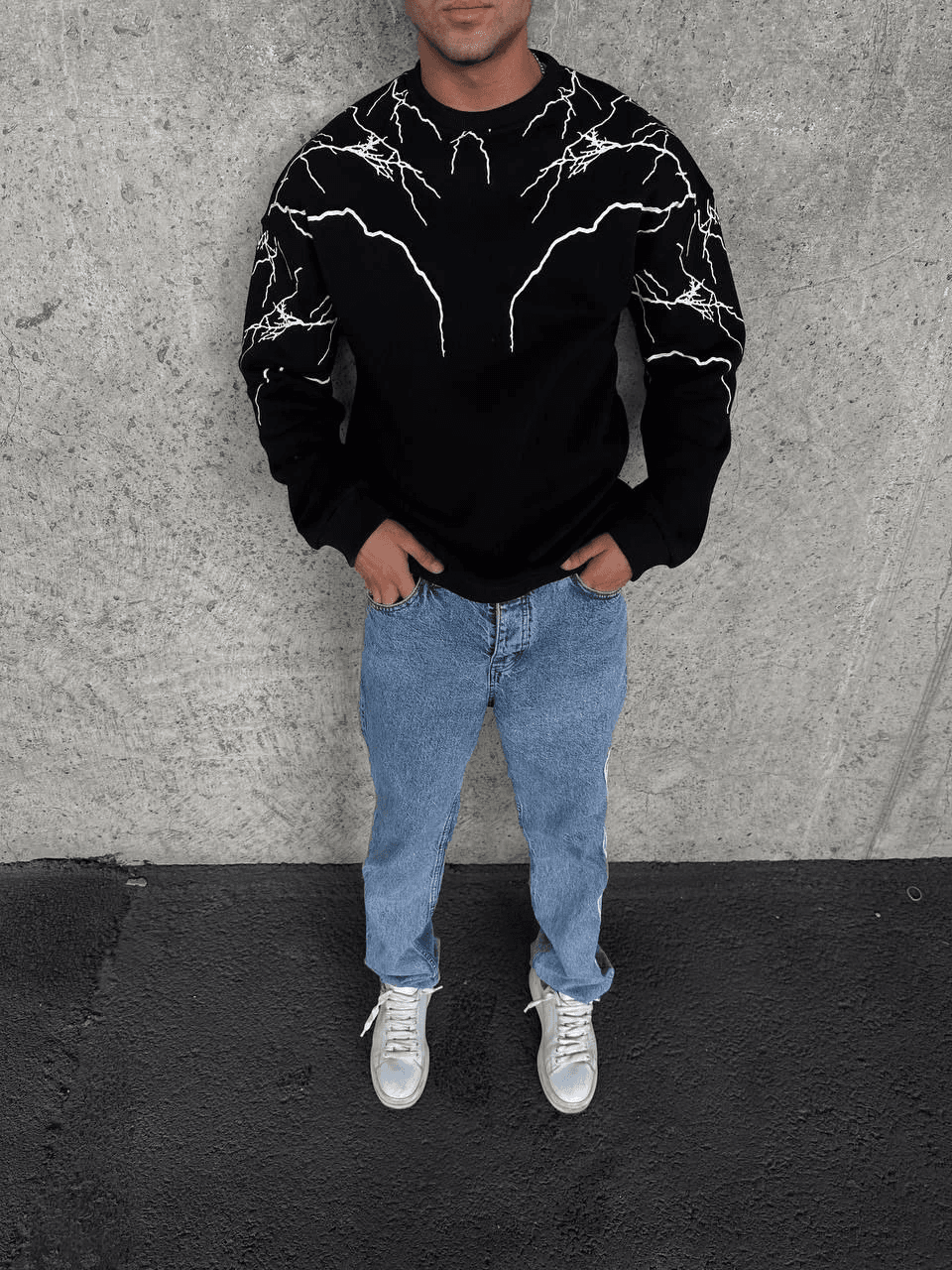 Erkek 3 iplik pamuklu Yıldırım Baskılı Bisiklet Yaka SweatShirt - Siyah — görsel 1 / 3