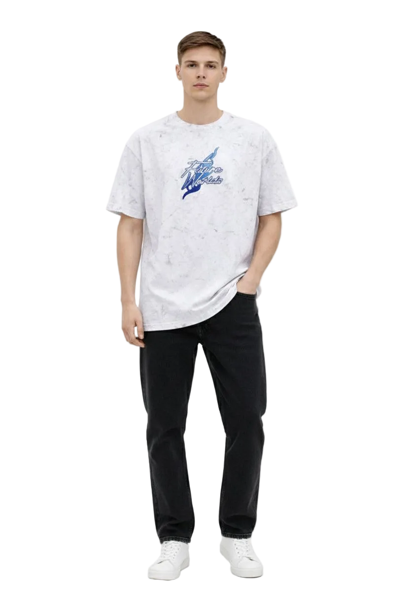 Erkek Asit Yıkamalı Oversize Tişört Bisiklet Yaka Kısa Kol T-shirt - Beyaz