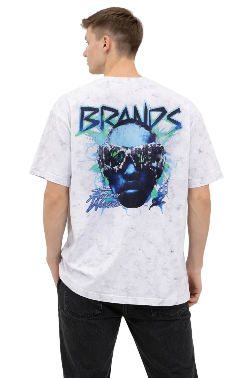 Erkek Asit Yıkamalı Oversize Tişört Bisiklet Yaka Kısa Kol T-shirt - Beyaz