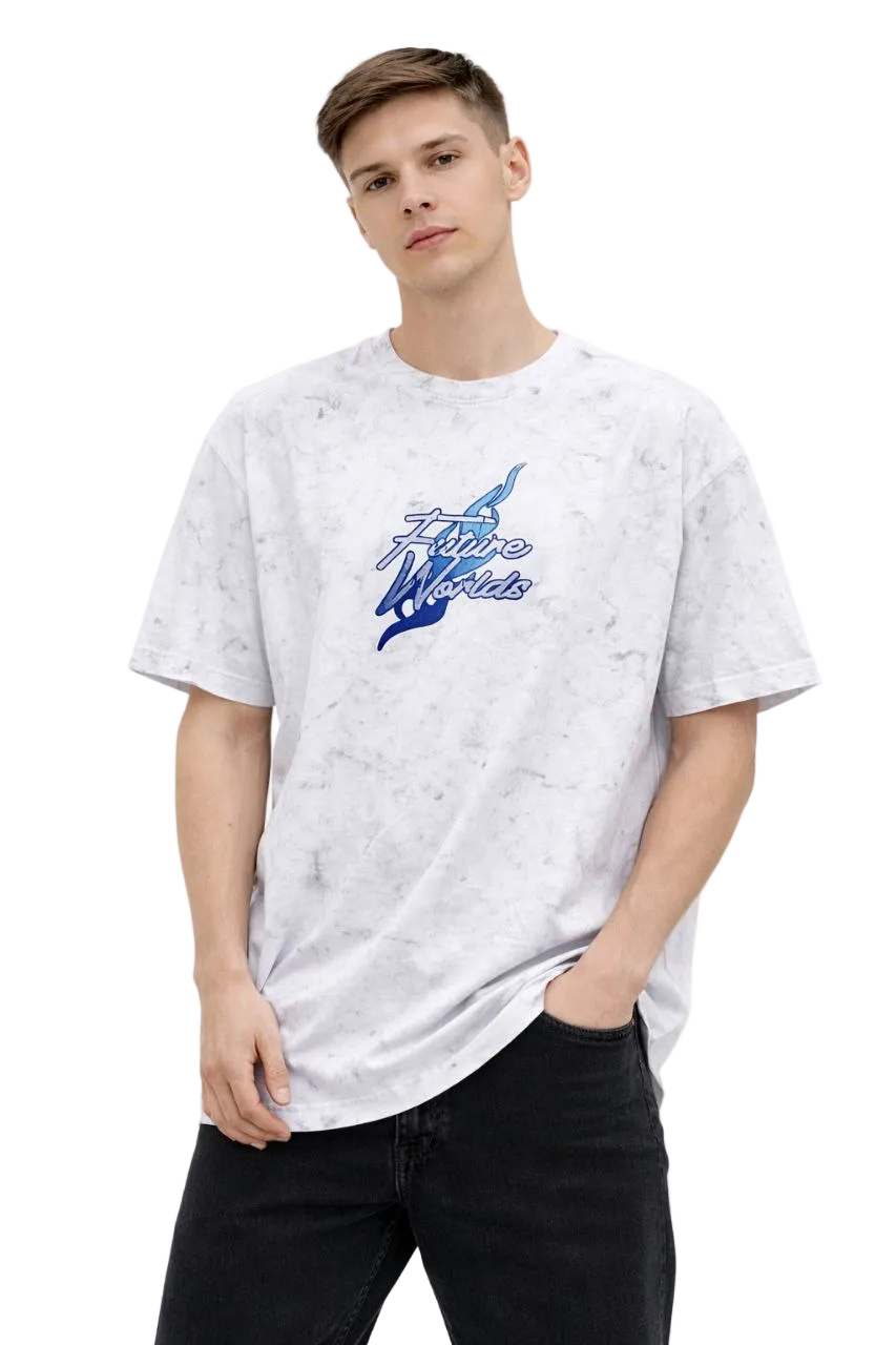 Erkek Asit Yıkamalı Oversize Tişört Bisiklet Yaka Kısa Kol T-shirt - Beyaz
