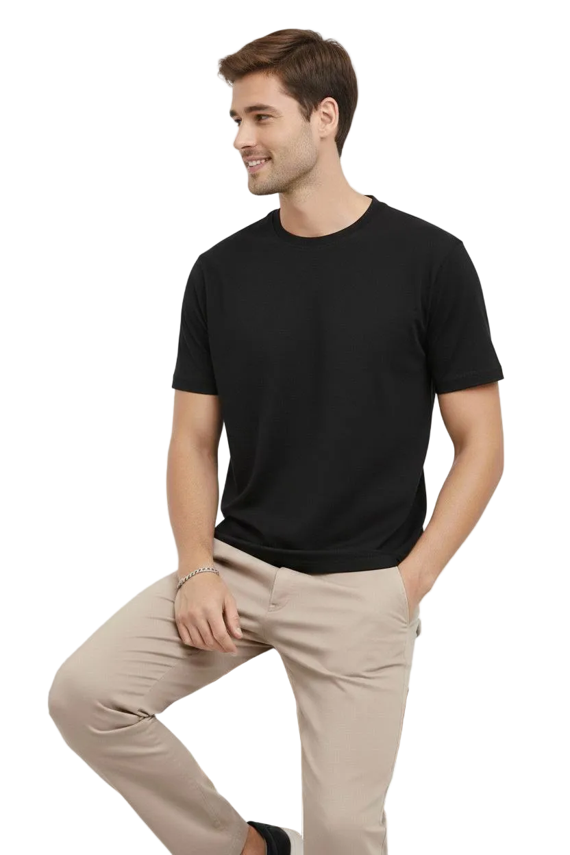 Erkek Bisiklet Yaka Yazlık Kısa kol Düz Tişört Regular Kalıp T-shirt - Siyah
