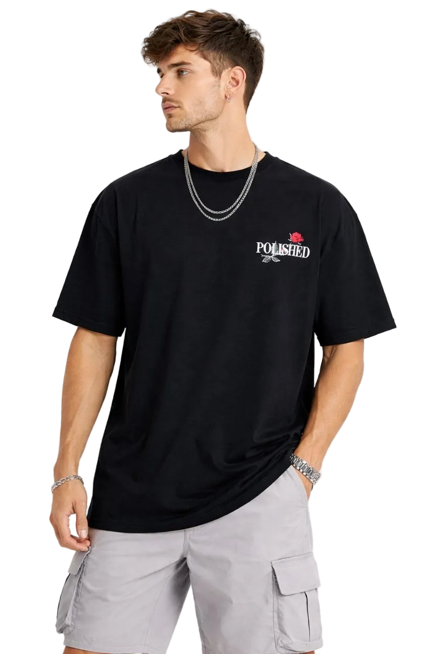 Erkek Kısa Kol Yazlık Tişört Bisiklet Yaka Baskılı Oversize T-Shirt - Siyah