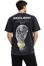 Erkek Asit Yıkamalı Baskılı Tişört Bisiklet Yaka Kısa Kollu Streetwear T-shirt - Siyah