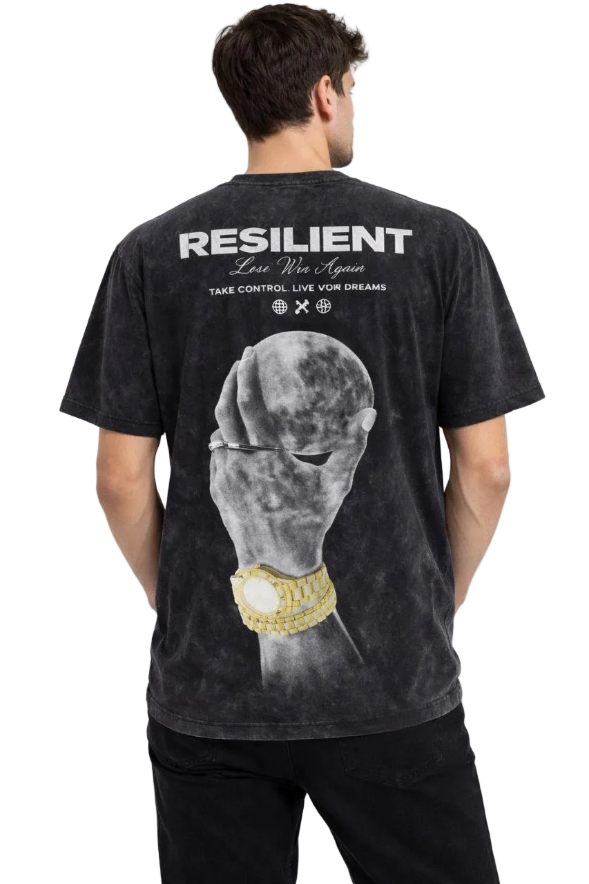 Erkek Asit Yıkamalı Baskılı Tişört Bisiklet Yaka Kısa Kollu Streetwear T-shirt - Siyah