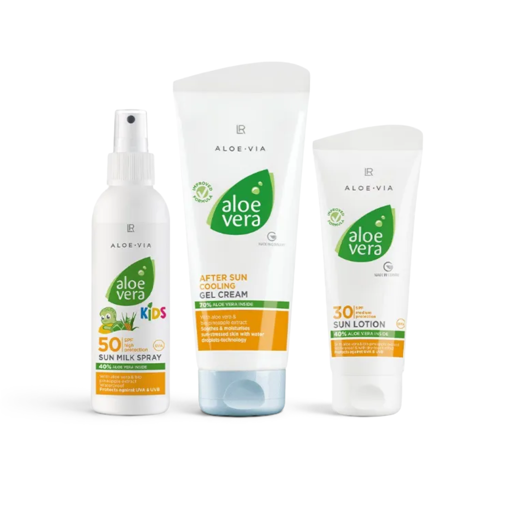 ArvoCulture LR Aloe Vera Aile Güneş Seti: SPF 50 Kids Sun Milk Spray, SPF 50 After Sun Cooling Gel Cream ve SPF 30 Sun Lotion içerir.
