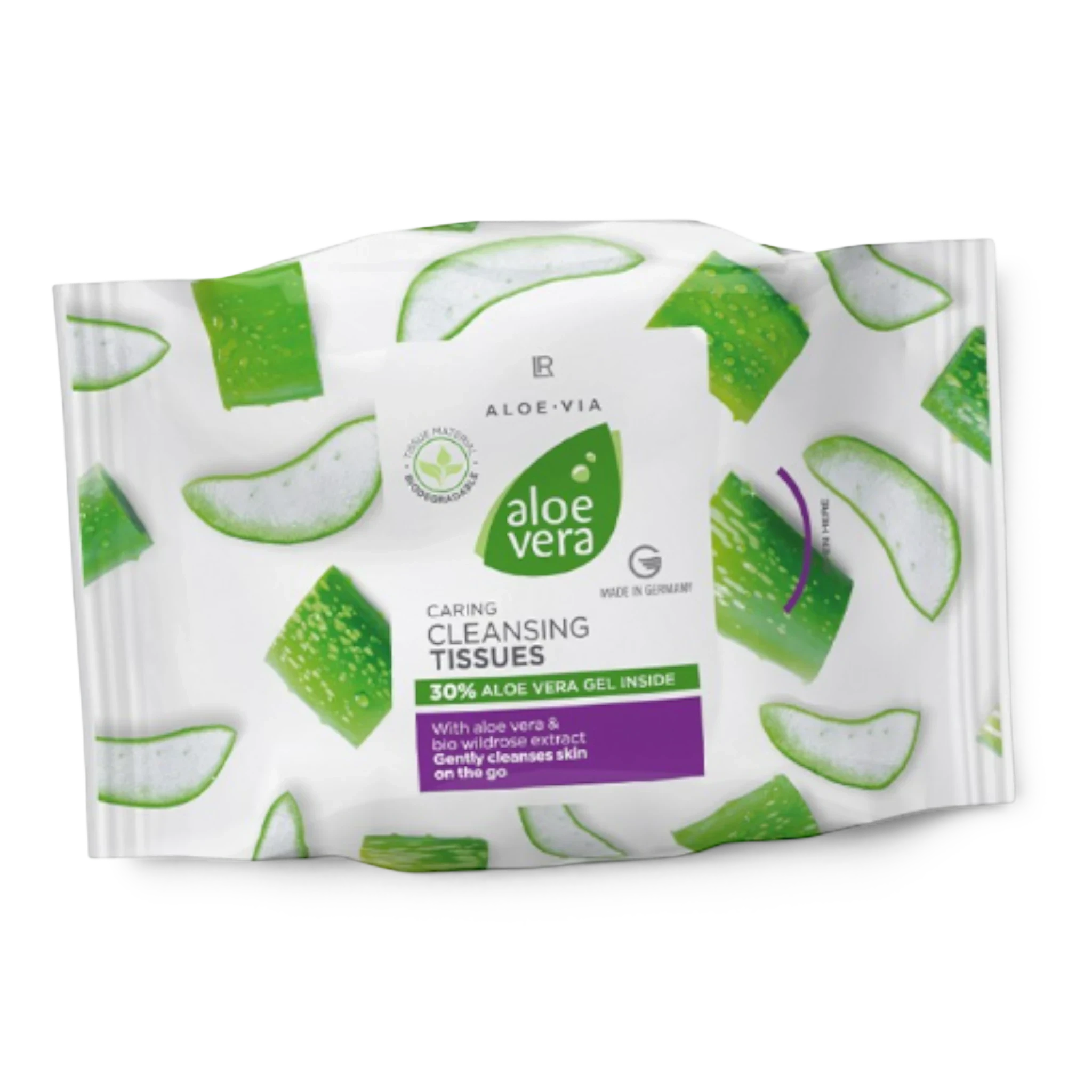 ArvoCulture LR ALOE VIA cleansing tissues with 30% aloe vera gel and organic wild rose extract. Gentle, alcohol-free makeup removal.