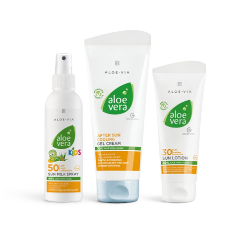 ArvoCulture LR Aloe Vera Aile Güneş Koruma Seti: SPF 50 sprey, SPF 30 krem ve güneş sonrası jel. Yüksek koruma ve bakım.