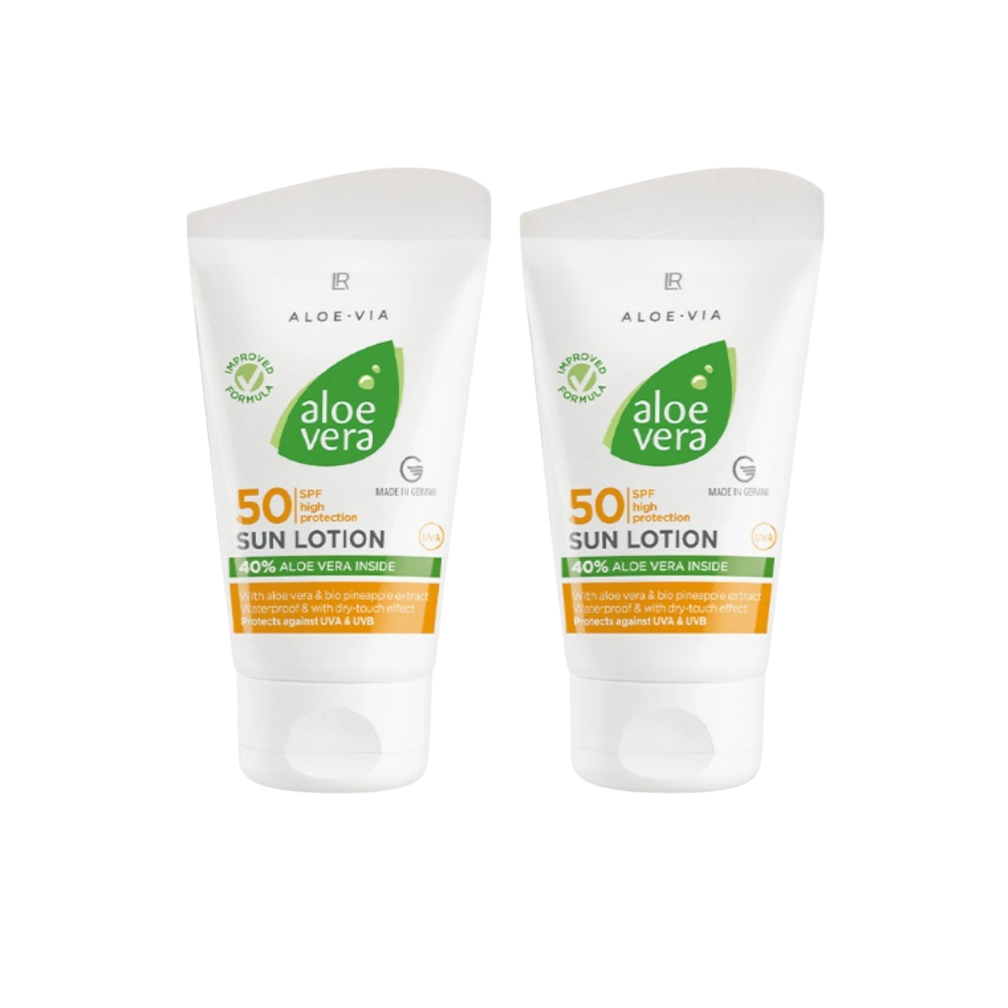 ArvoCulture LR Aloe Vera Güneş Kremi SPF 50, 2'li paket. Yüksek koruma faktörlü, aloe vera içerikli güneş losyonu.