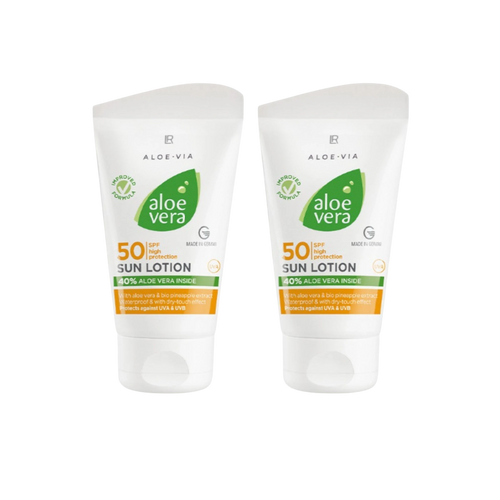 ArvoCulture LR Aloe Vera Güneş Kremi SPF 50, 2'li paket. Yüksek koruma faktörlü, aloe vera içerikli güneş losyonu.