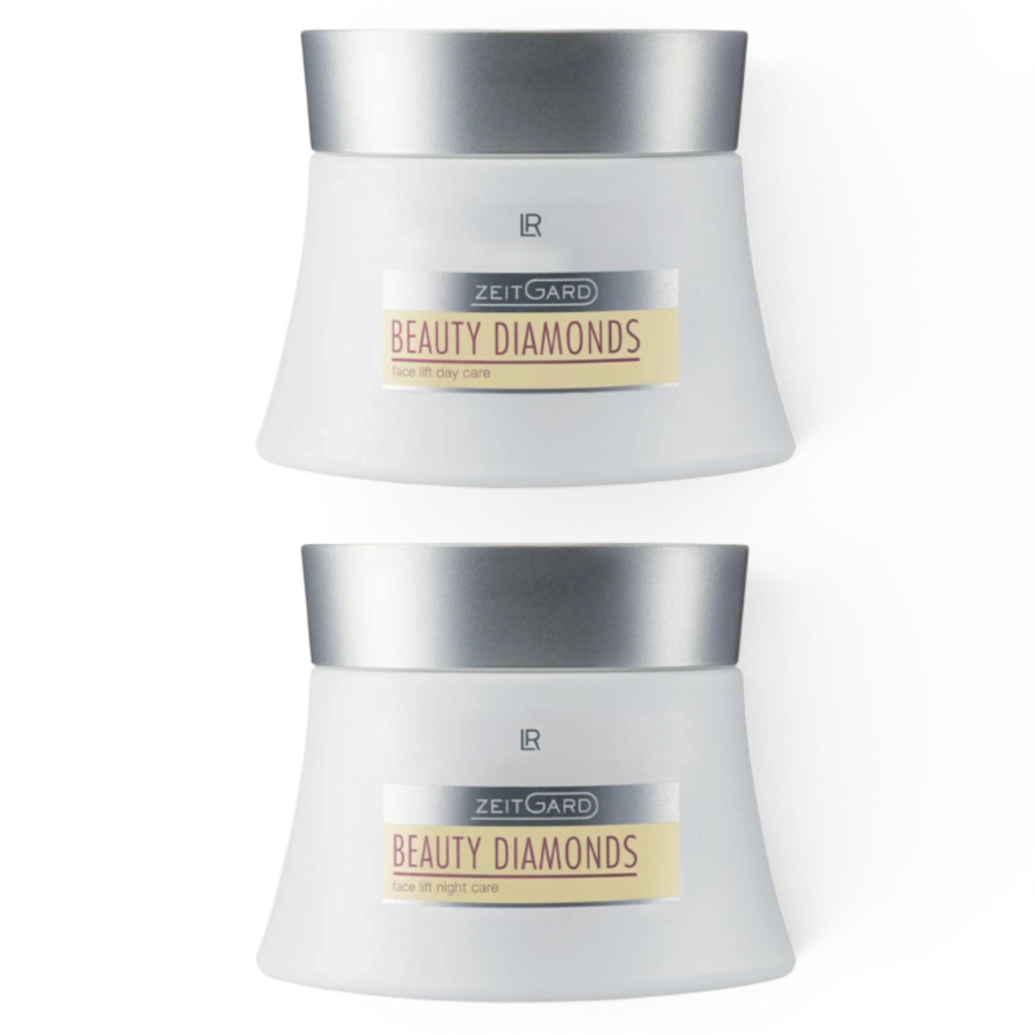 ArvoCulture LR ZEITGARD Beauty Diamonds face lift day and night care creams in white jars with silver lids.