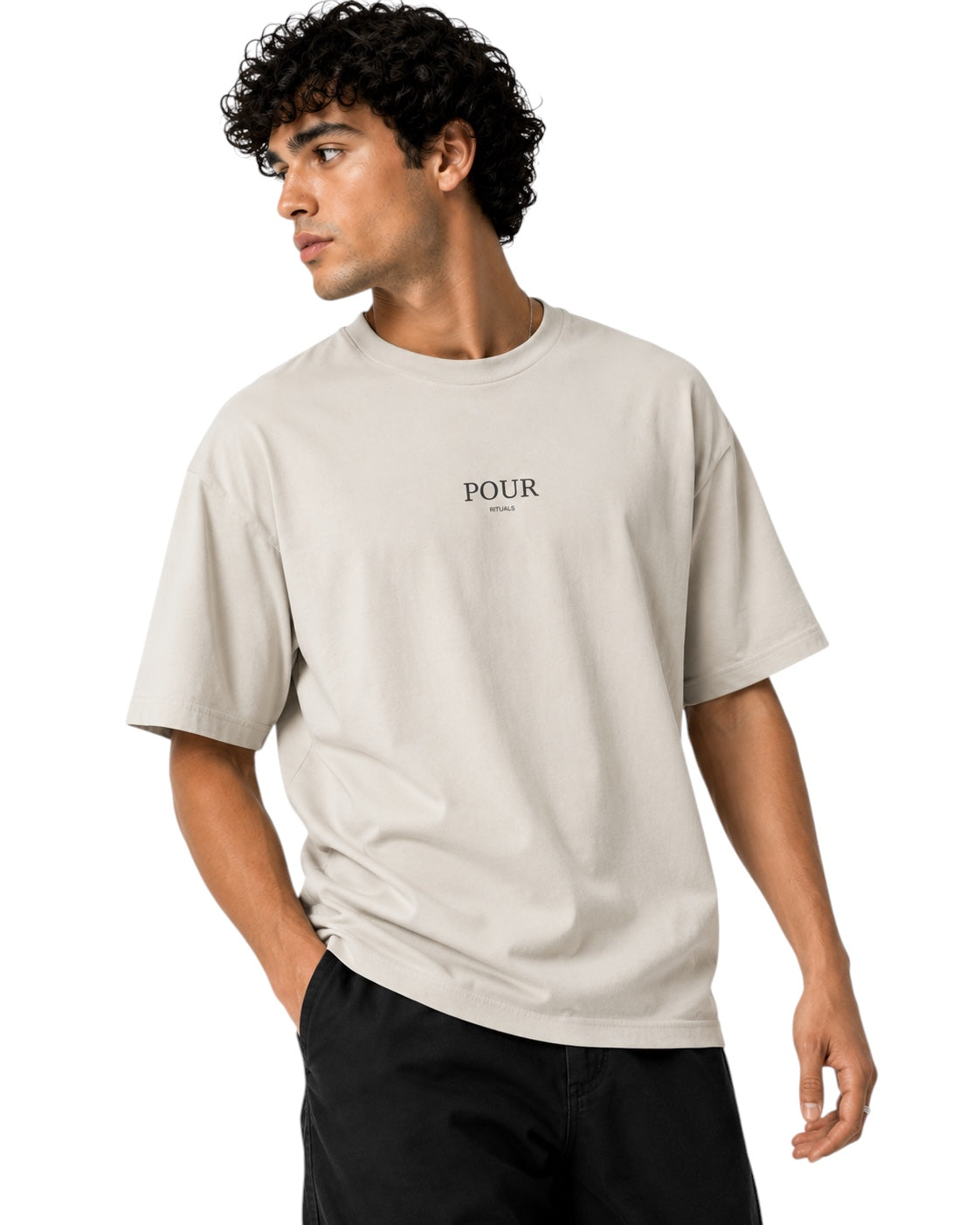 ArvoCulture erkek bej oversize pamuklu tişört, minimal POUR baskılı, kısa kollu, günlük kullanım.