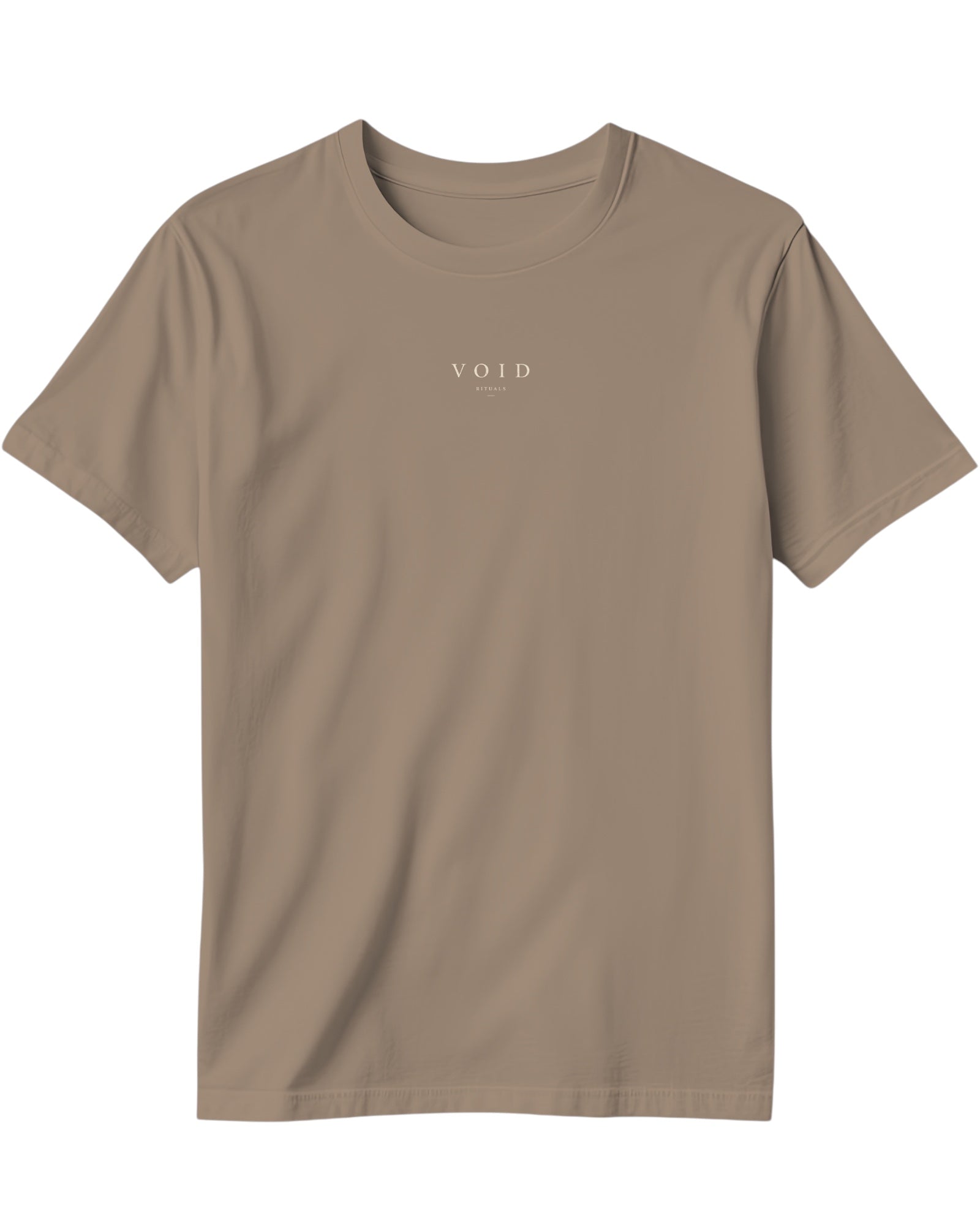 ArvoCulture marka, bej rengi, pamuklu, oversize kesim, bisiklet yaka, kısa kollu, önünde küçük 'VOID' ve 'RITUALS' yazısı bulunan tişört.