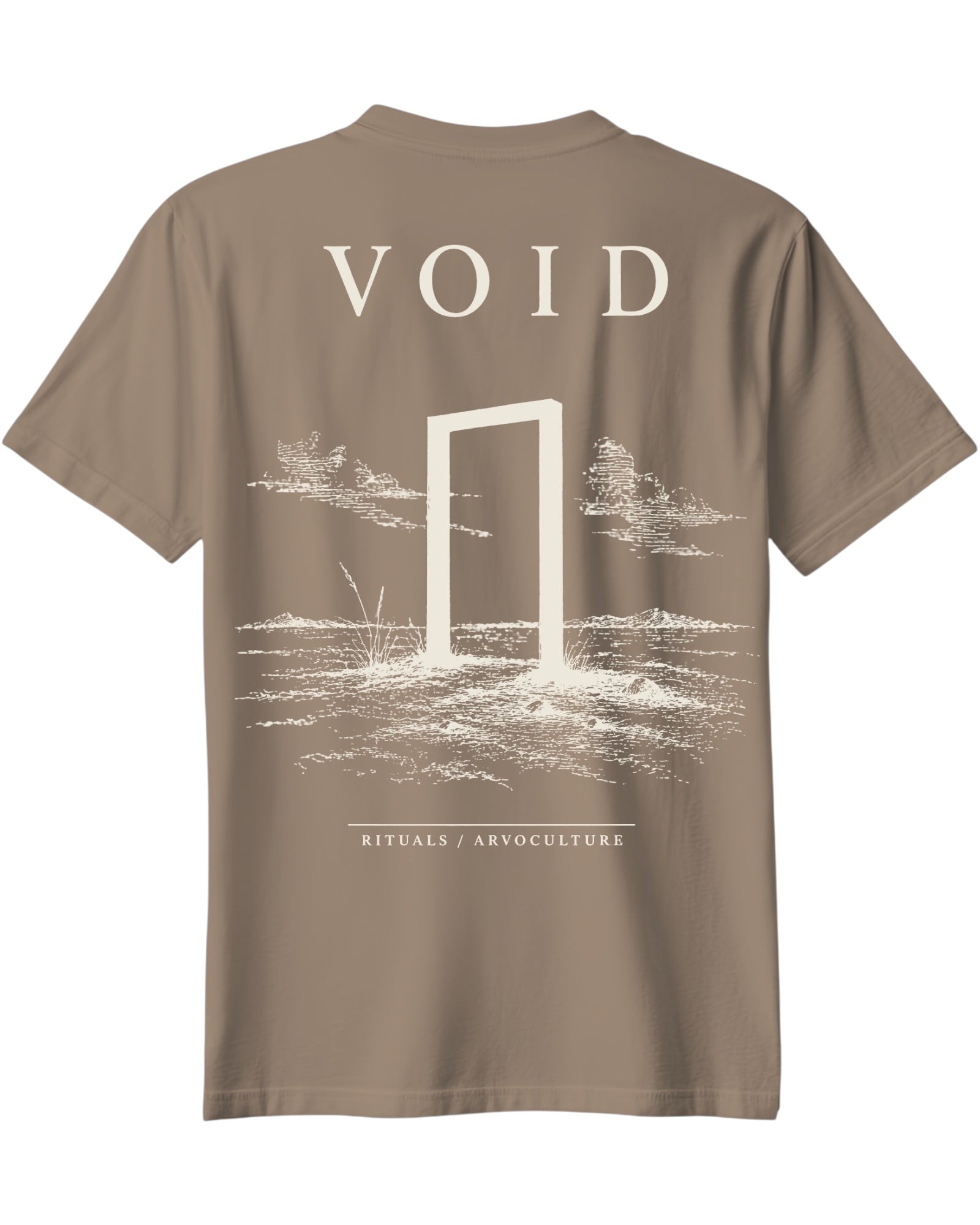 ArvoCulture marka, bej rengi, pamuklu, oversize tişört. Önünde beyaz 'VOID' yazısı ve soyut bir kapı illüstrasyonu.