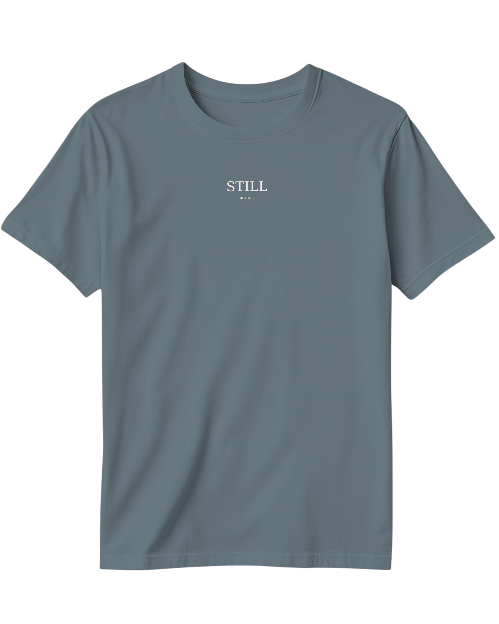ArvoCulture marka, oversize kesim, gri renkte, pamuklu, bisiklet yaka, kısa kollu, göğüs kısmında minimalist 'STILL RITUALS' baskılı tişört.