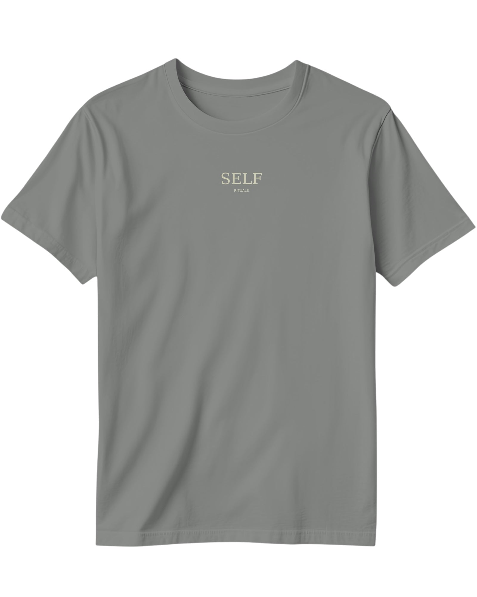 ArvoCulture gri, oversize, pamuklu tişört. Tişörtün göğüs kısmında küçük, bej renkte "SELF RITUALS" yazısı bulunur.