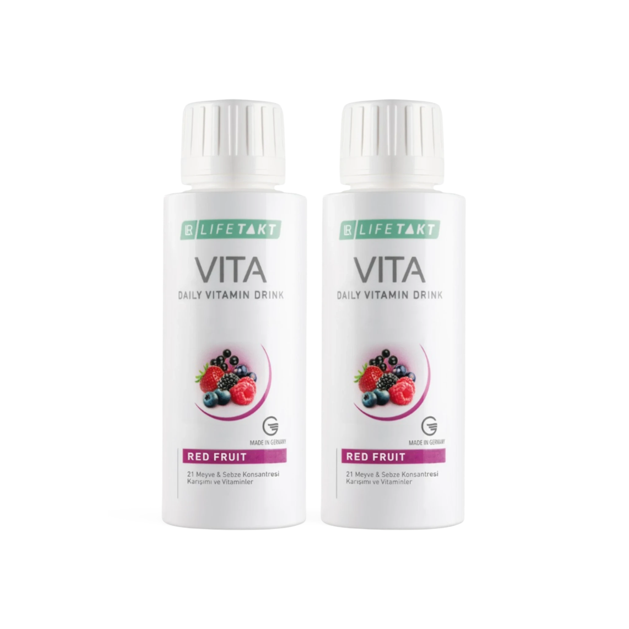 ArvoCulture LR Vita Daily 2'li set, 21 meyve ve sebze konsantresi ile 10 temel vitamin içeren sıvı takviye edici gıda.