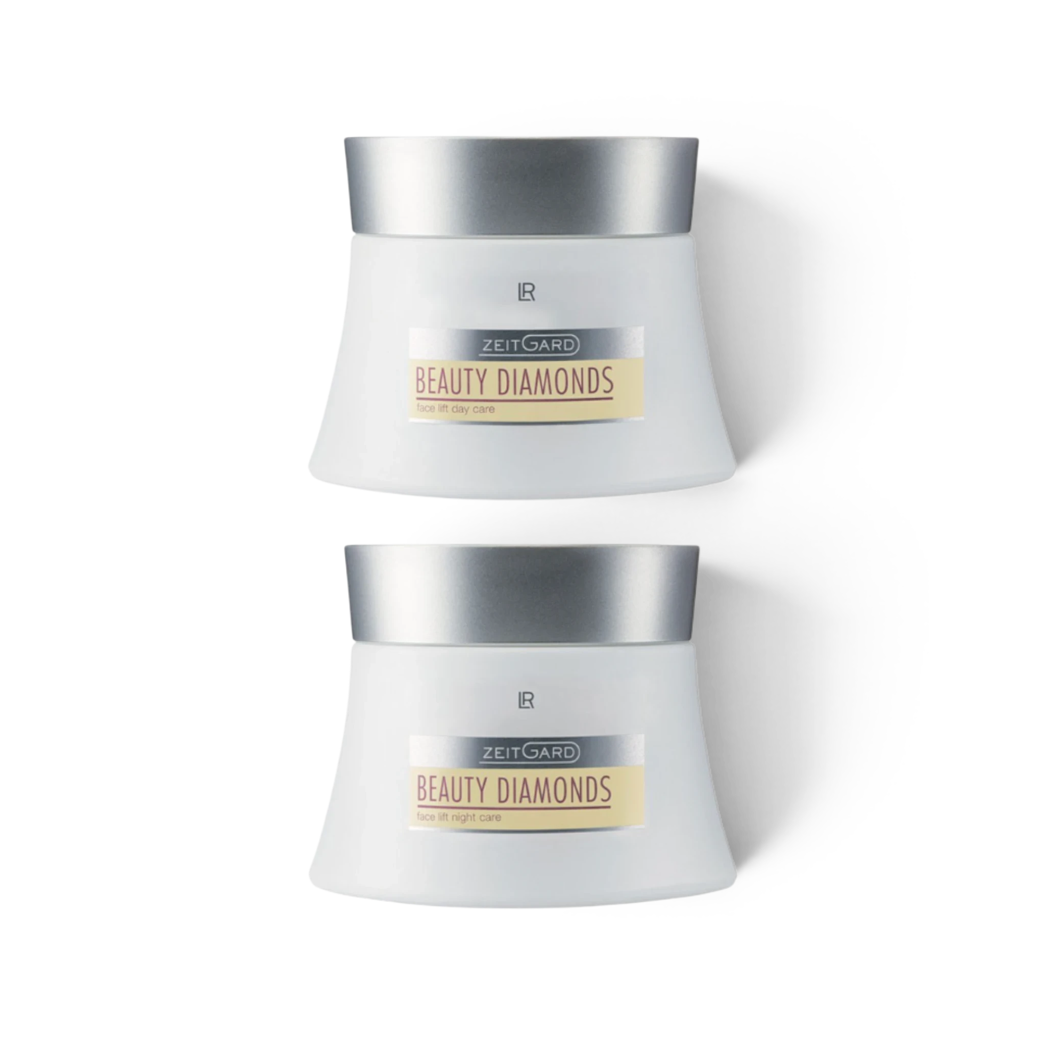 ArvoCulture LR ZEITGARD Beauty Diamonds gündüz ve gece bakım kremi seti, beyaz kutulu ve gümüş kapaklı 50 ml kavanozlar