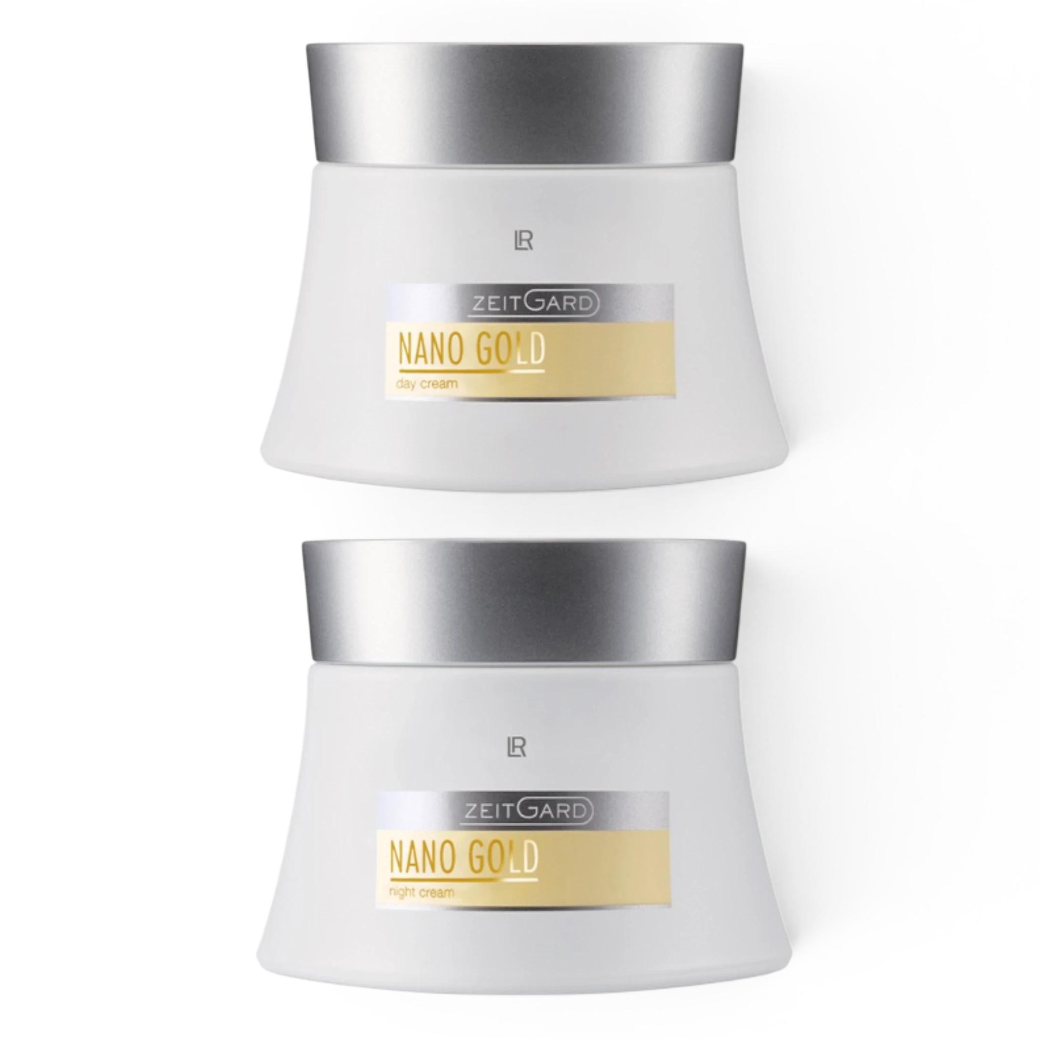 ArvoCulture LR ZEITGARD Nanogold Day and Night Cream set in white jars with silver lids. Formulated with nanogold for enhanced skin hydration and rejuvenation.