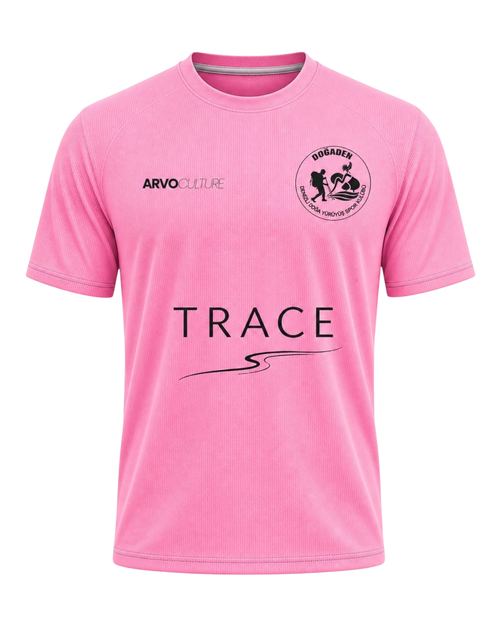 ArvoCulture pembe, kısa kollu, yuvarlak yakalı, performans tişörtü. Önünde 'TRACE' yazısı ve bir patika detayı bulunur.