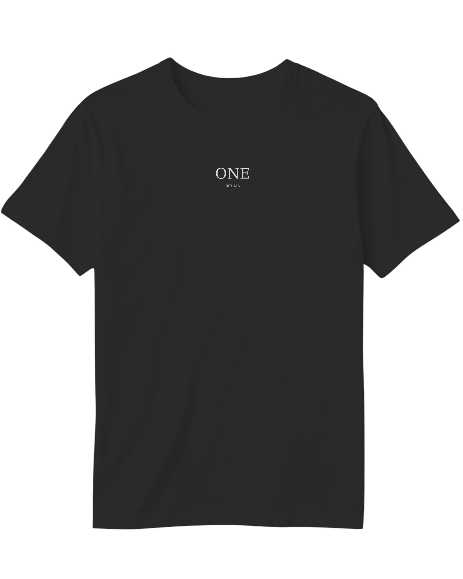 ArvoCulture siyah, pamuklu, oversize, bisiklet yaka, kısa kollu tişört üzerinde minimalist 'ONE RITUALS' baskısı.